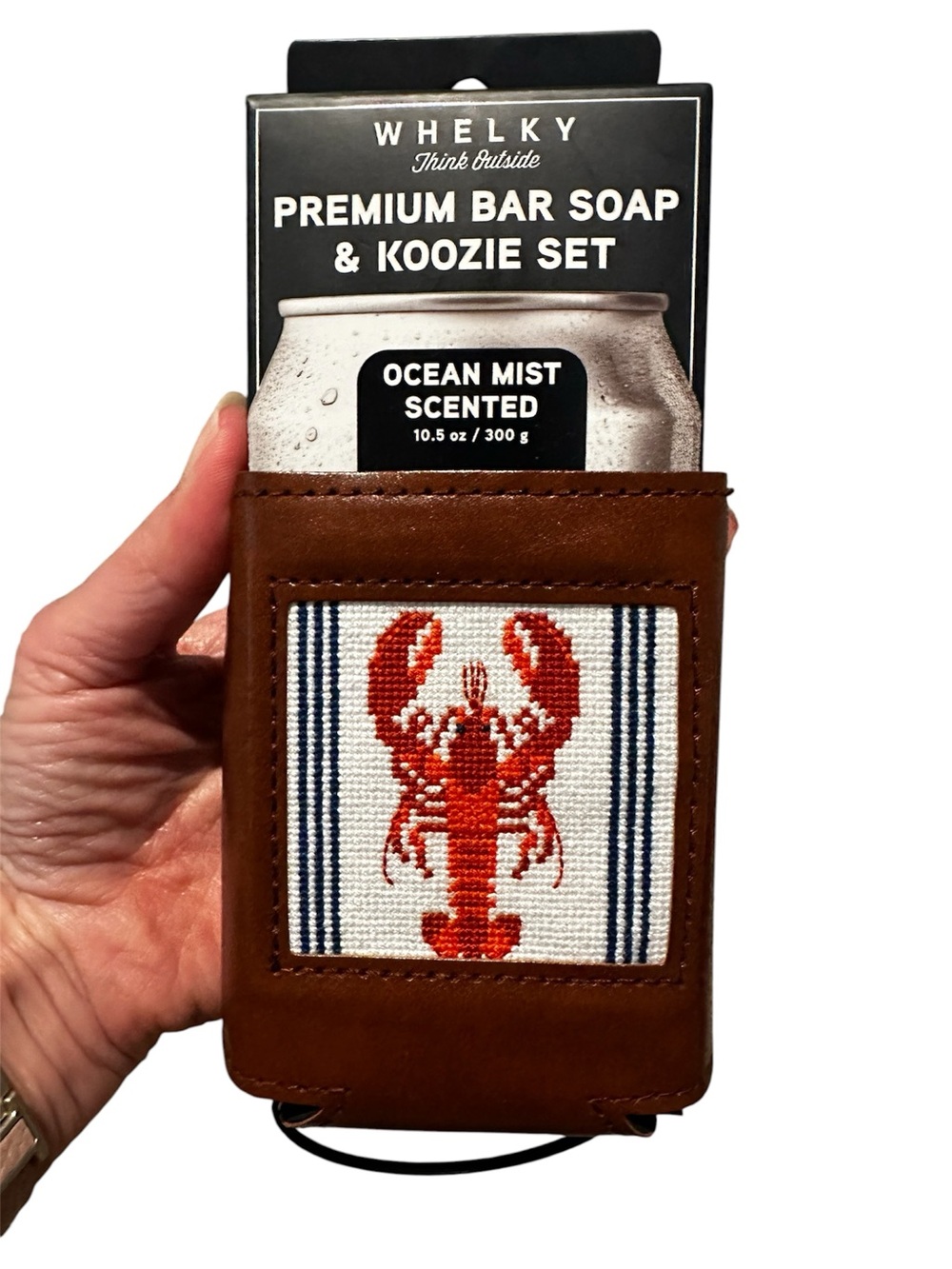 Premium Bar Soap & Koozie Set with Brown Leather Lobster Koozie by Whelky